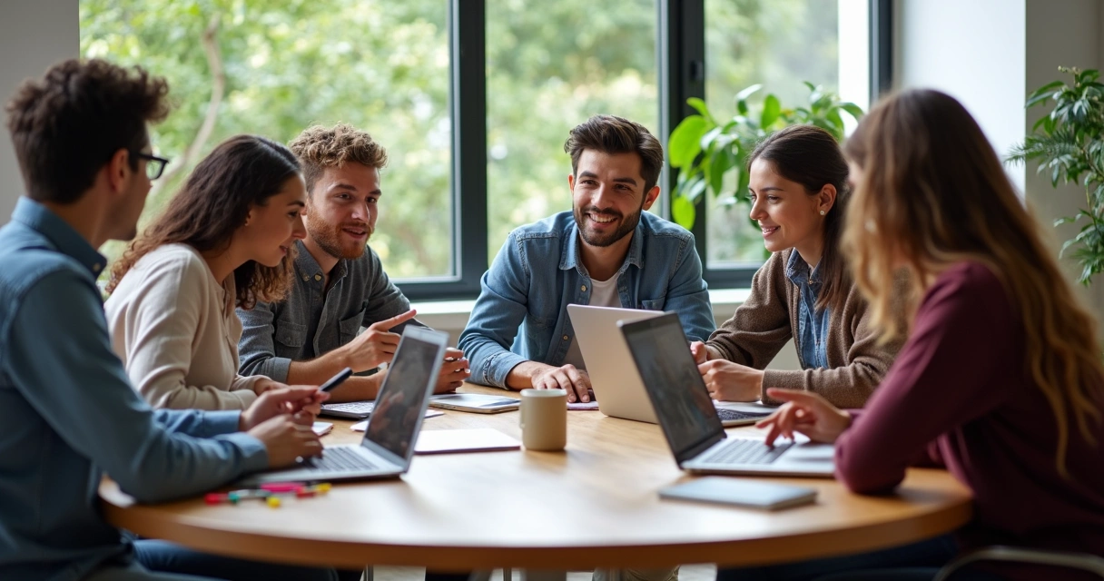 Grupo sentado em mesa redonda discutindo ideias com notebooks e anotações. 