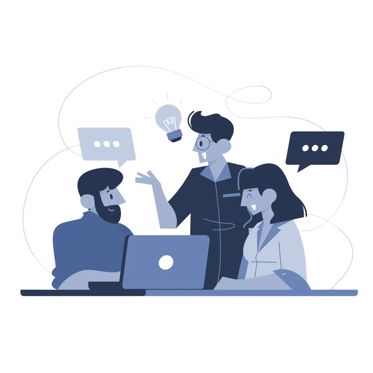 Pessoas discutindo ideias com laptop aberto e balões de diálogo