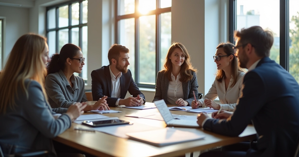 Grupo de pessoas discutindo em uma sala de escritório 