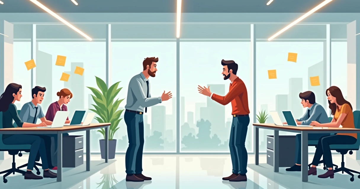 Discussão entre dois colegas em ambiente corporativo 