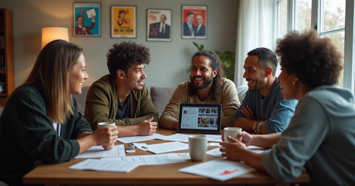Grupo de pessoas de diferentes idades discutindo política em uma sala de estar moderna 
