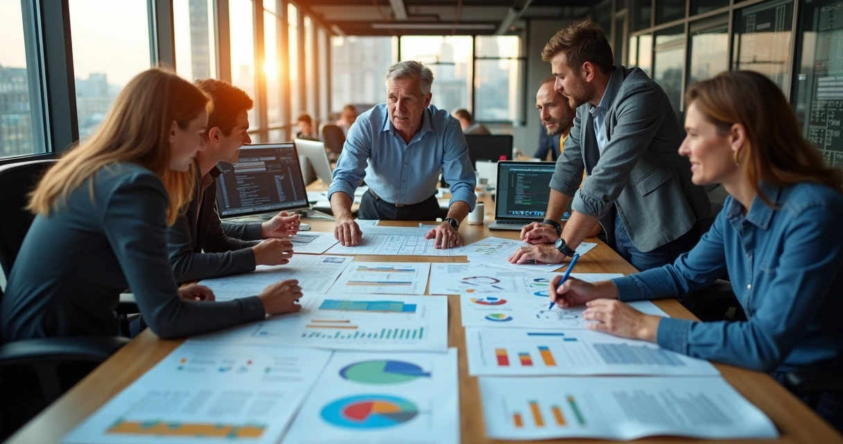 Equipe reunida em torno de uma mesa analisando gráficos de projetos industriais 