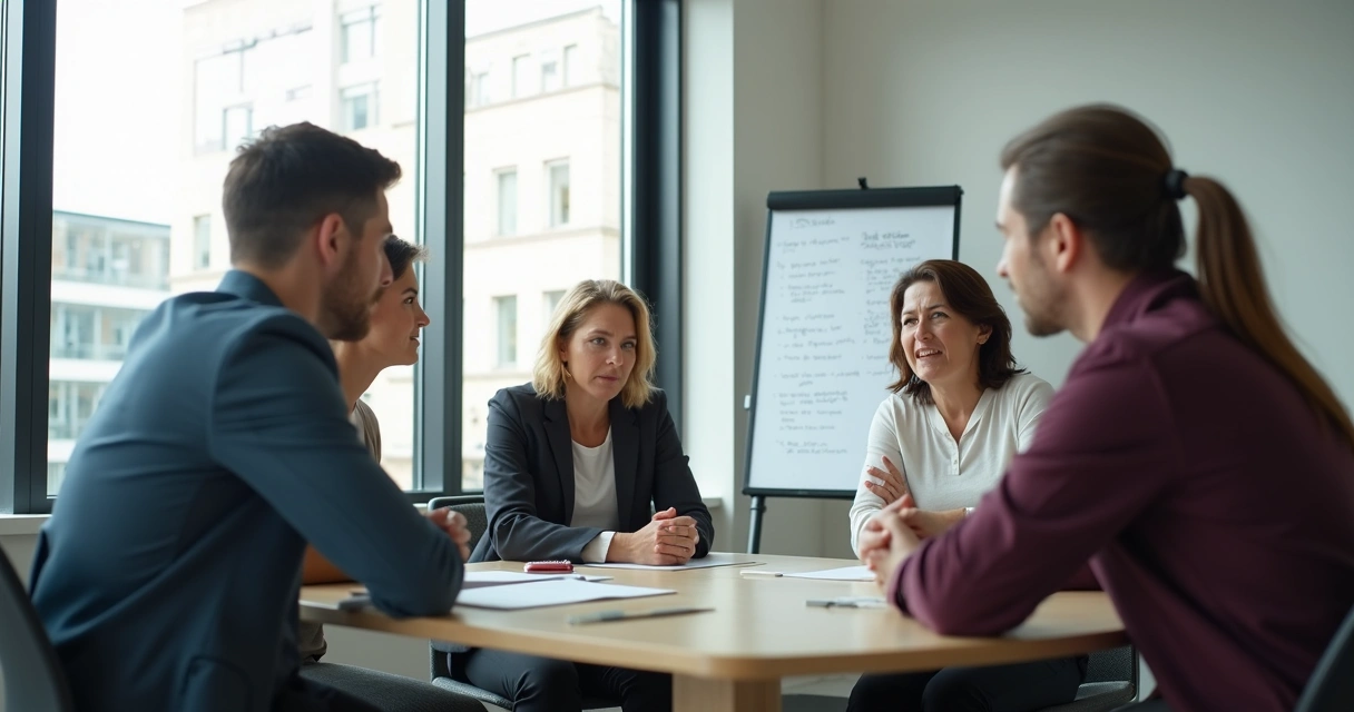 Grupo discutindo em sala de reunião