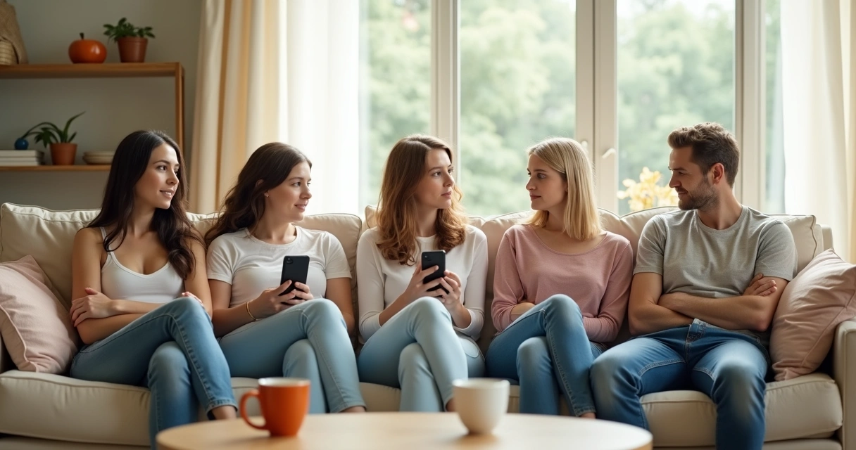 Grupo de pessoas sentadas em um sofá, afastadas e olhando para lados opostos, mostrando sinais sutis de desconexão 