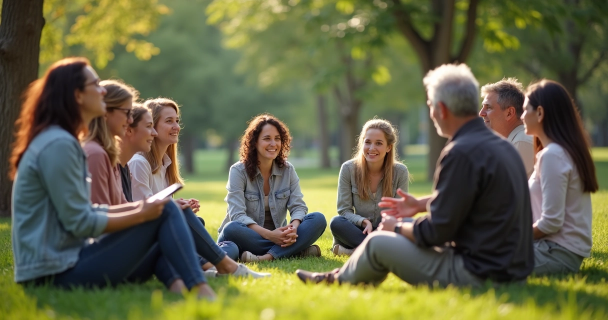 Grupo diverso de pessoas conversando em roda em espaço aberto 