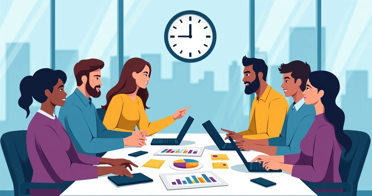 Pessoas diversas em uma mesa de reunião conversando e analisando papéis e gráficos coloridos.