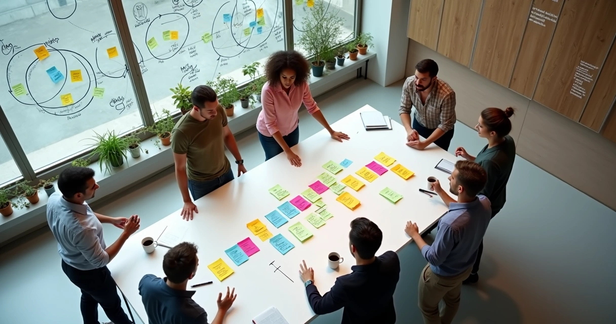 Grupo diverso visto de cima organizando cartões coloridos em um grande painel de ideias 