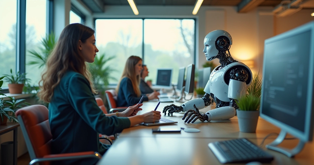Profissionais humanos e robôs colaborando em escritório.