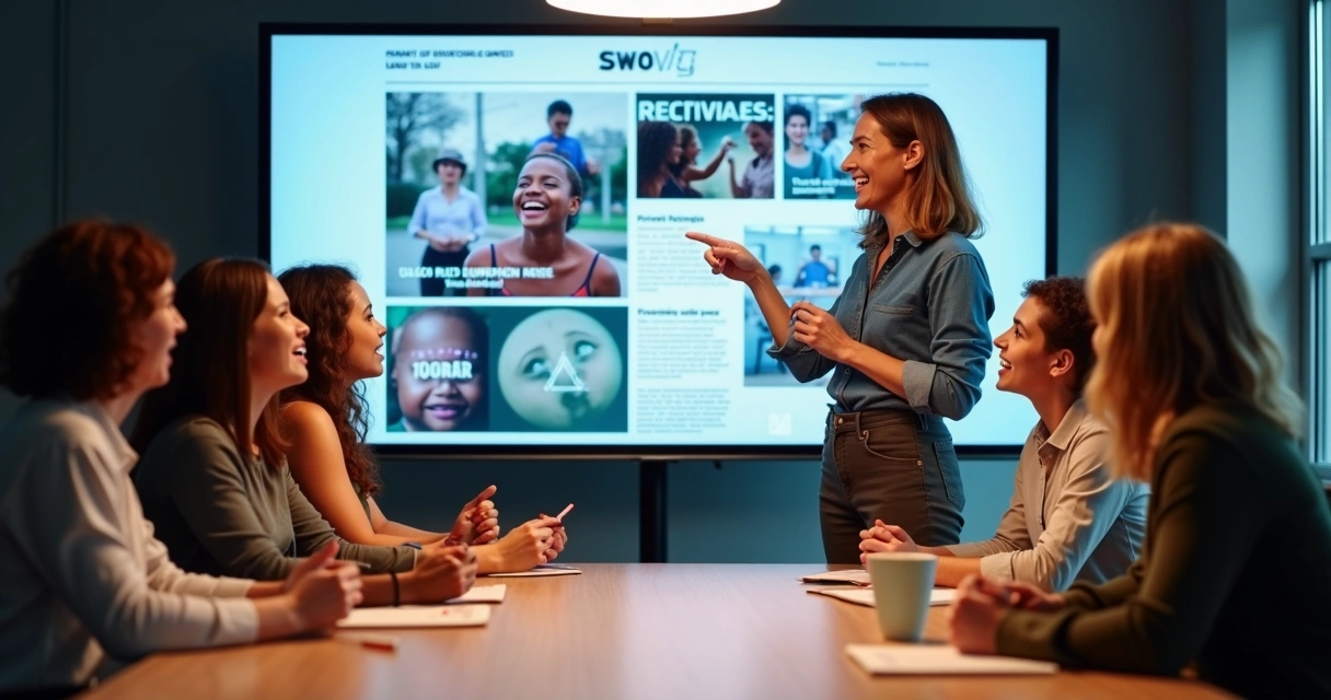 Grupo de pessoas em apresentação corporativa com emoções visíveis