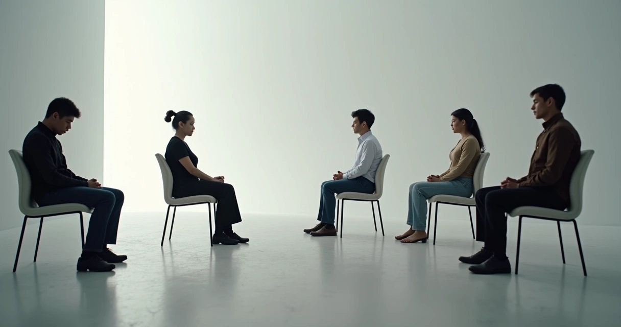 Pessoas individualmente refletindo em cadeiras separadas 