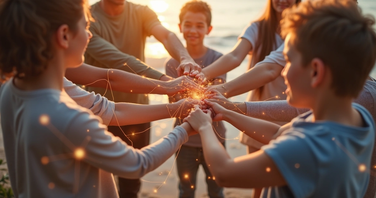 Grupo de pessoas em círculo de mãos dadas, linhas conectando cada pessoa simbolizando conexões invisíveis 