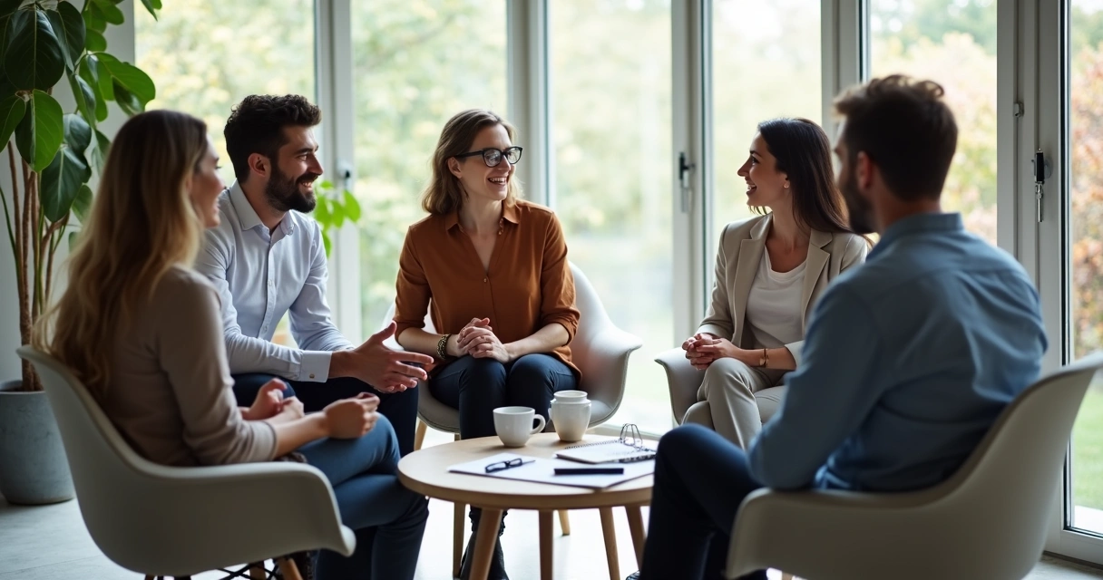 Cinco pessoas sentadas formando um círculo, em ambiente de escritório, conversando e sorrindo. 