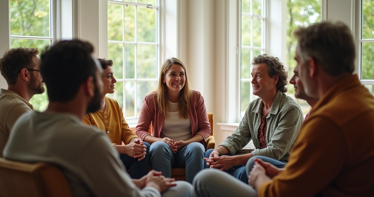 Grupo de pessoas sentadas em círculo conversando dentro de uma sala moderna 