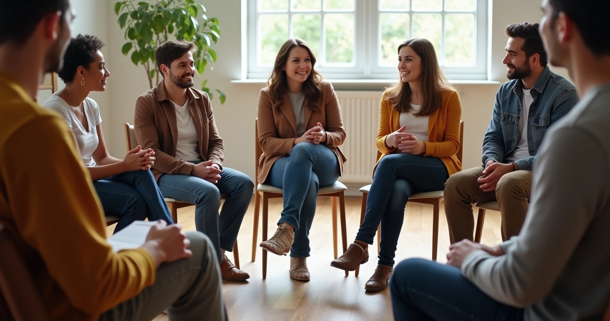 Grupo de pessoas sentadas em círculo conversando 