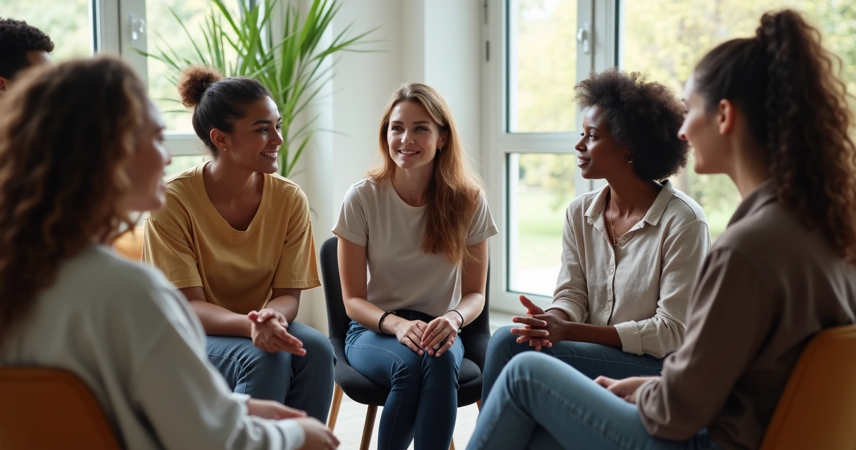 Grupo de pessoas reunidas em círculo, dialogando e conectadas. 