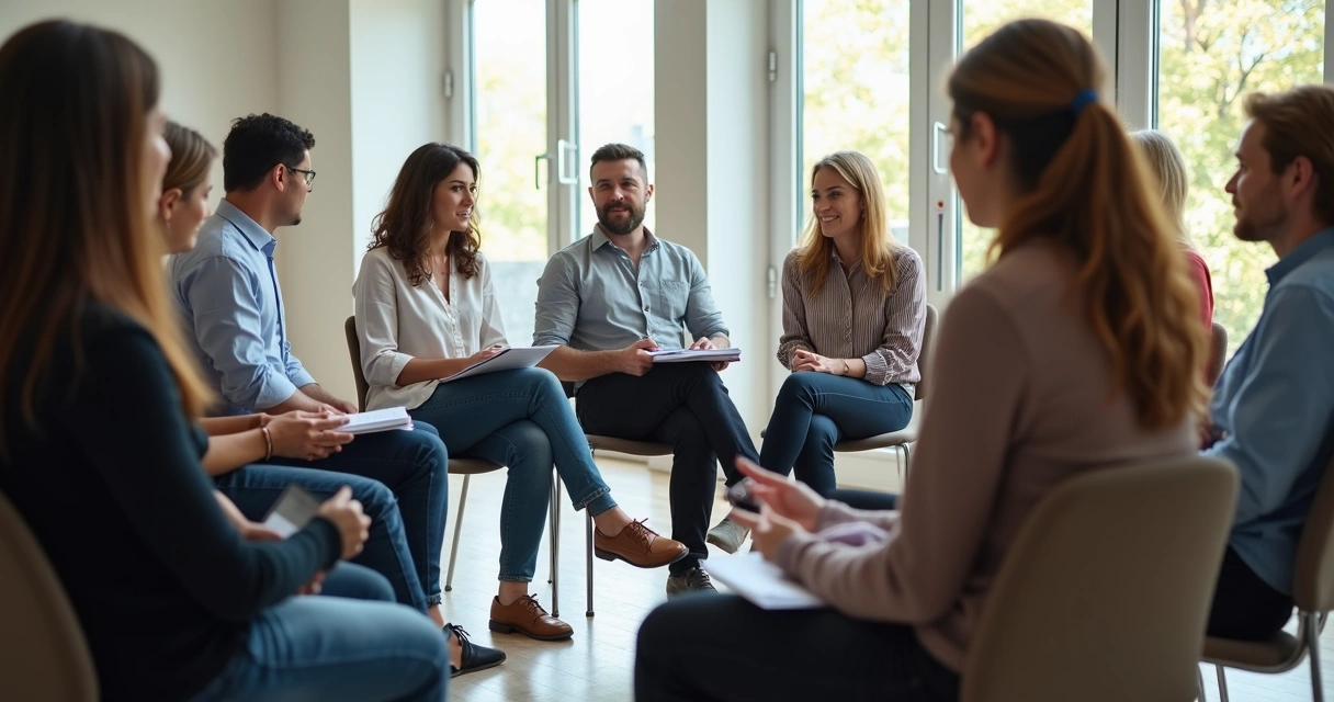 Grupo de pessoas sentadas em círculo discutindo em sala iluminada 