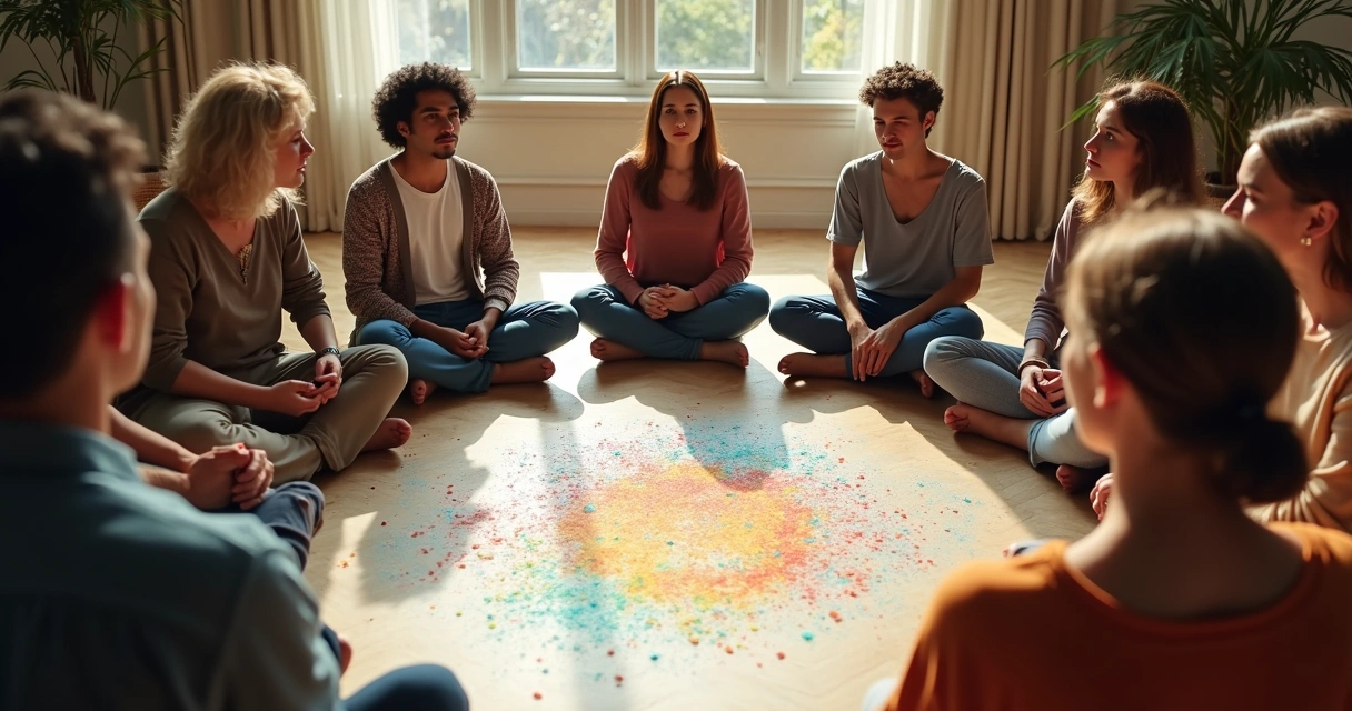 Grupo de pessoas em círculo, olhando para o centro 