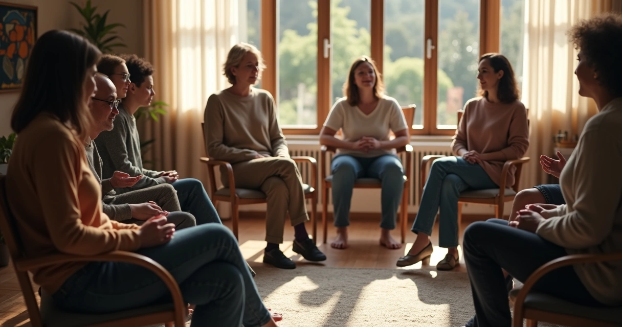 Pessoas sentadas em círculo em ambiente acolhedor 