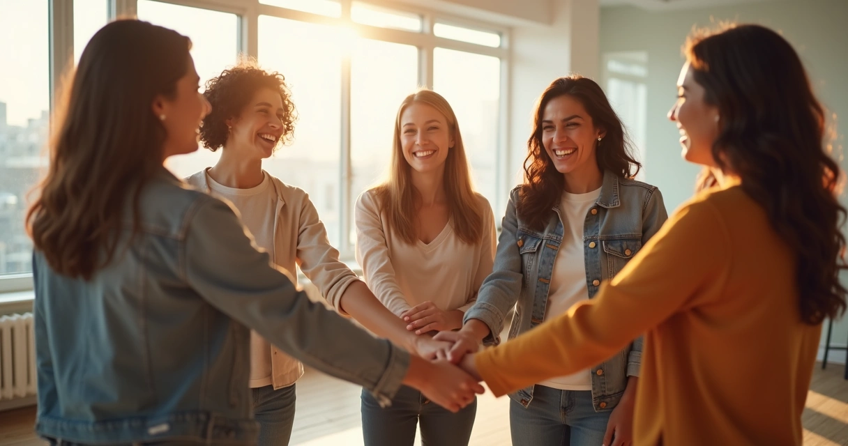 Grupo de pessoas de mãos dadas em círculo, interagindo em ambiente claro. 
