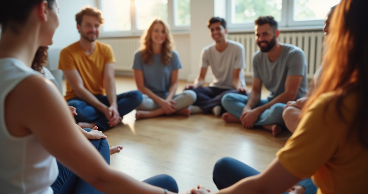 Grupo diverso de pessoas sentadas em círculo de mãos dadas