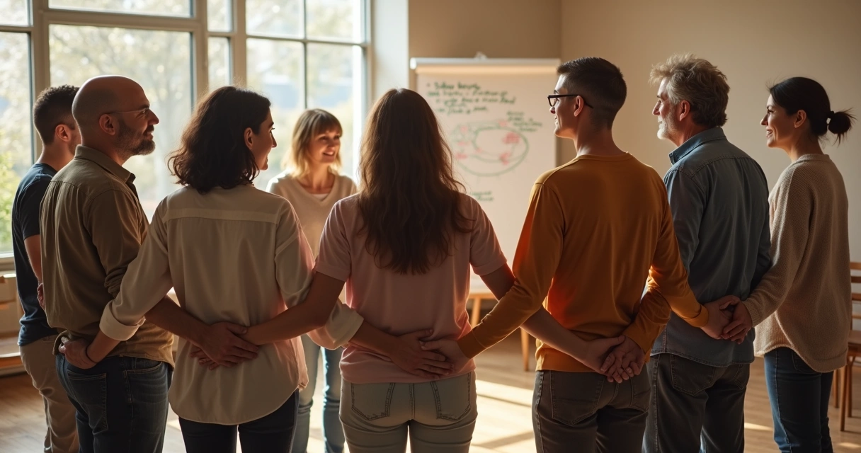 Grupo de pessoas em círculo de mãos dadas numa sala iluminada