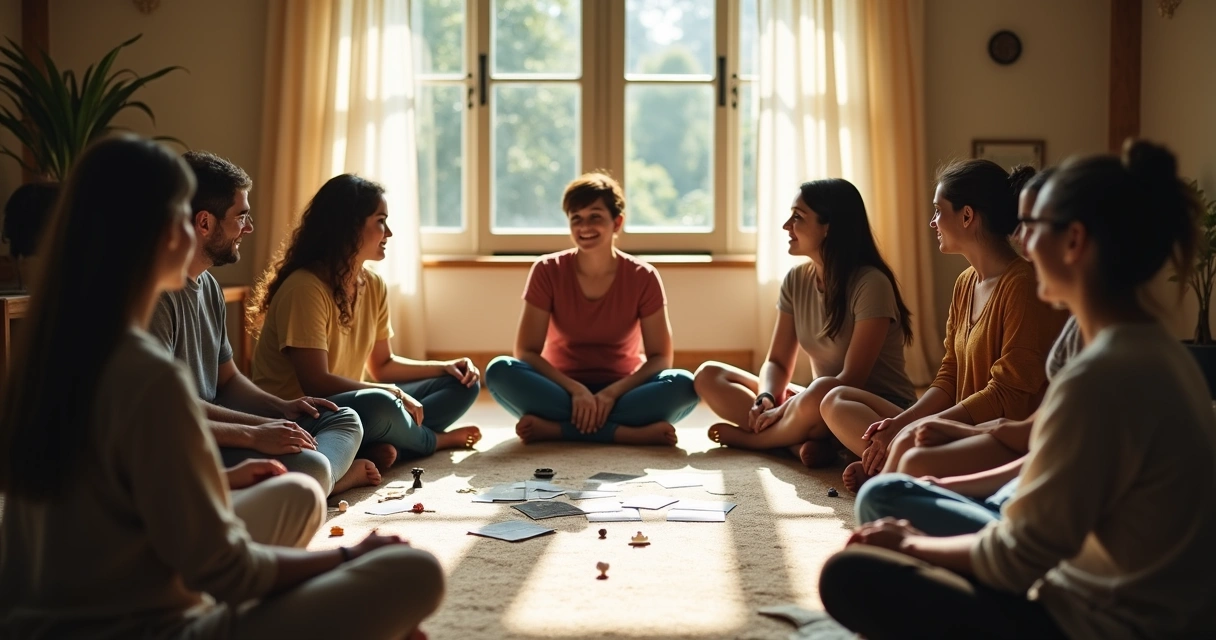 Grupo de pessoas sentadas em círculo participando de sessão terapêutica de constelação sistêmica em ambiente claro e acolhedor 