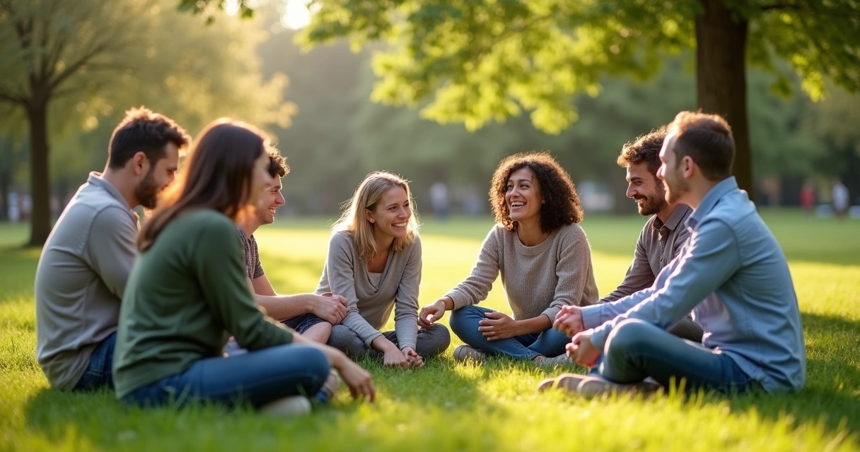 Grupo de pessoas reunidas em círculo, em ambiente externo, colaborando e sorrindo. 