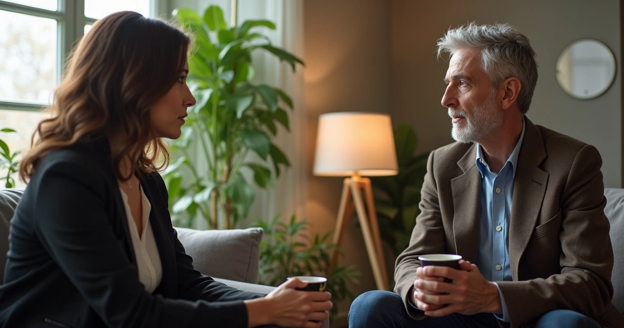 Duas pessoas conversando sério numa sala aconchegante
