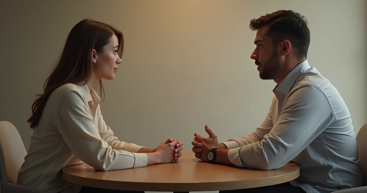 Duas pessoas sentadas frente a frente, conversando de forma séria 
