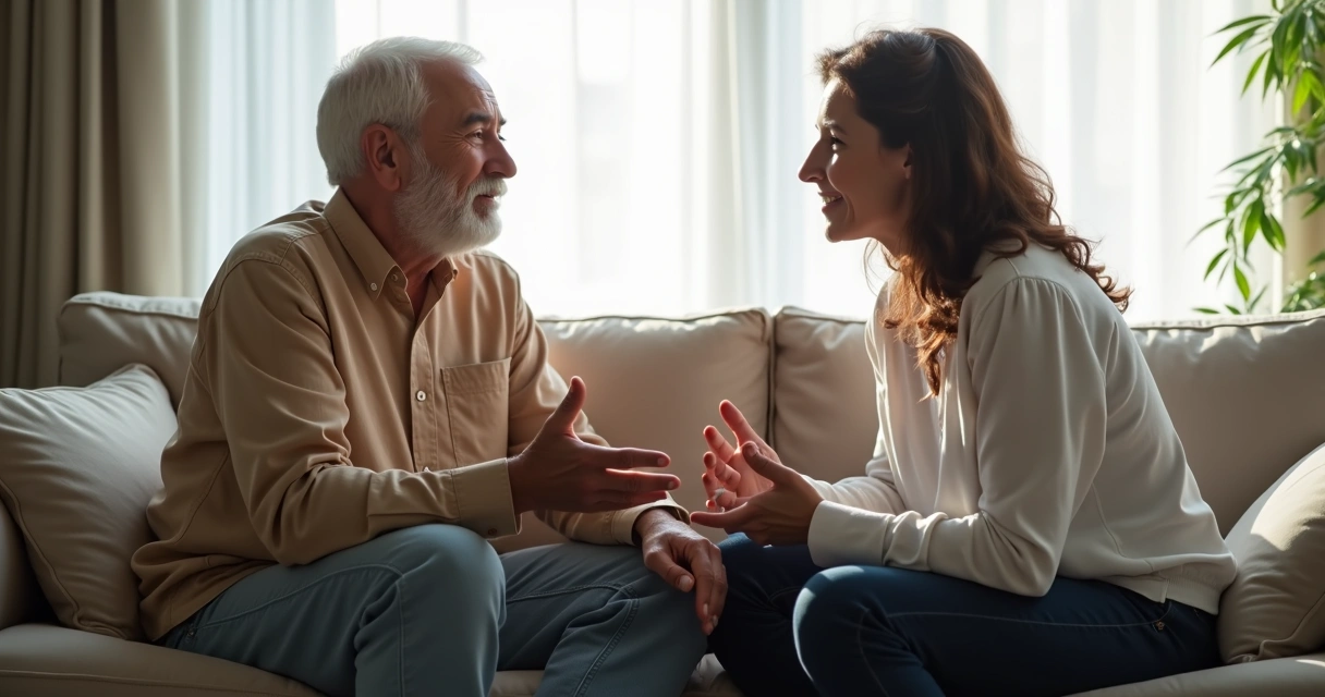 Dois adultos conversando de forma calma sentados em um sofá 