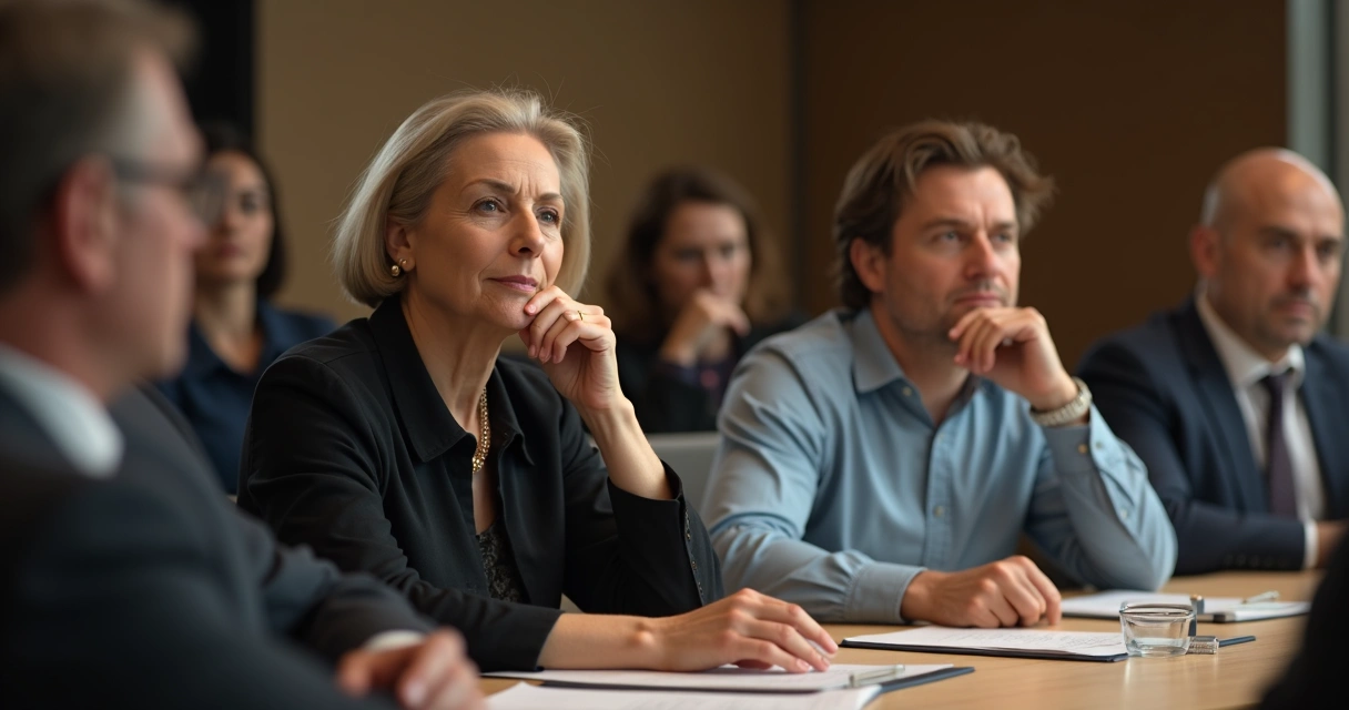Pessoas sentadas em sala de reunião mantendo silêncio atento