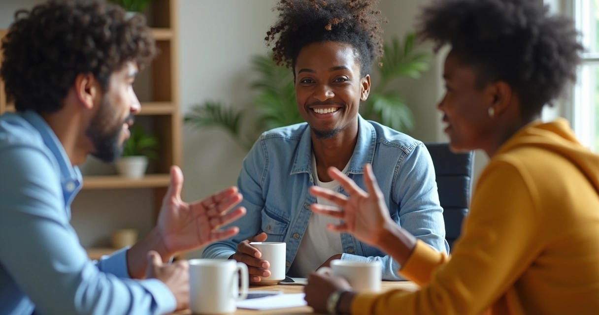 Três pessoas de diferentes idades conversando de forma respeitosa ao redor de uma mesa de trabalho 