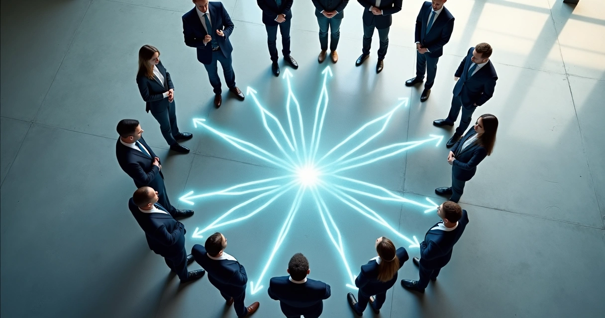 Grupo de pessoas reunidas em círculo discutindo, com setas no chão representando conexões 