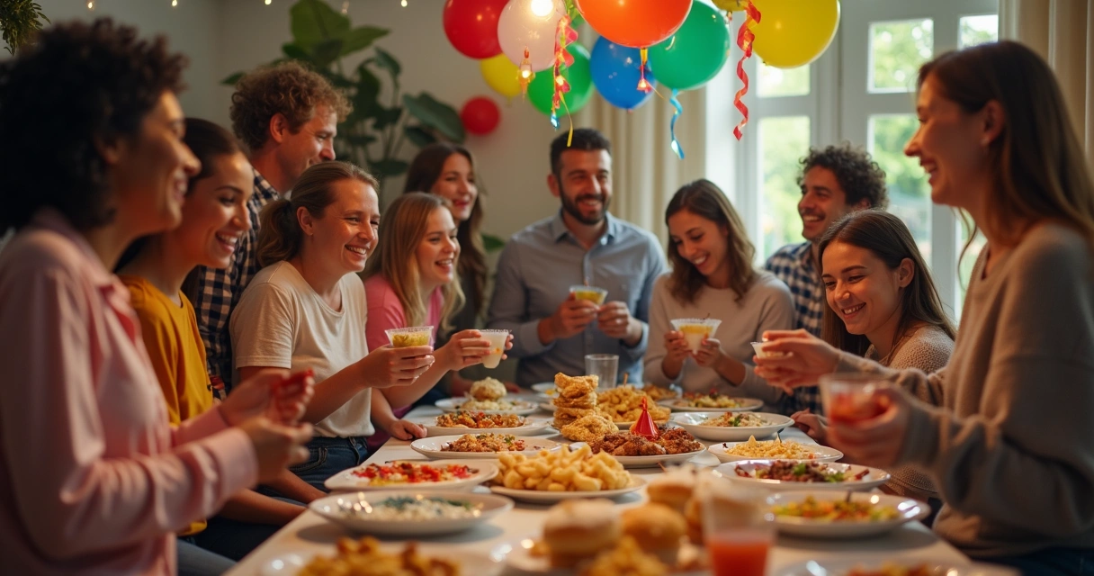 Grupo de pessoas em uma festa no Brasil, conversando e segurando presentes