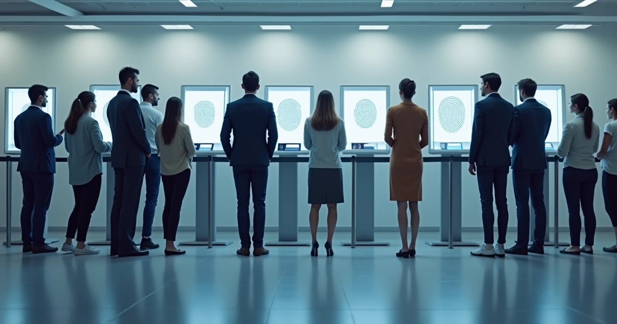 Grupo de pessoas em fila para atualizar informações digitais em posto de atendimento 