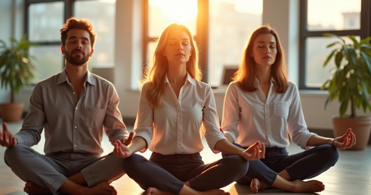 Grupo de pessoas em meditação em escritório 