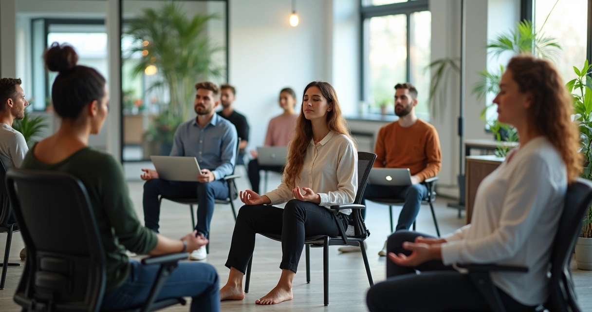 Grupo de profissionais sentados em cadeiras do escritório, olhos fechados, praticando meditação guiada 