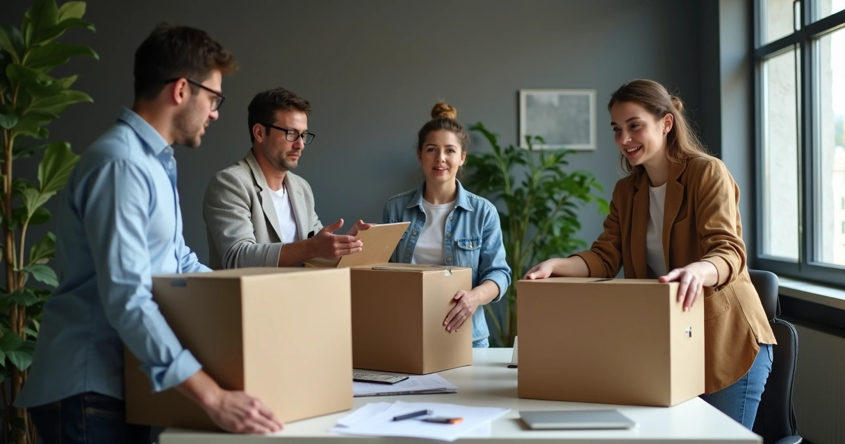 Grupo de pessoas trabalhando em mudança de escritório 