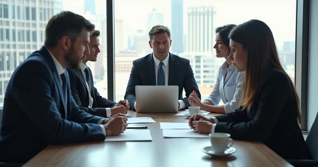 Três pessoas sentadas ao redor de uma mesa negociando acordo judicial. 
