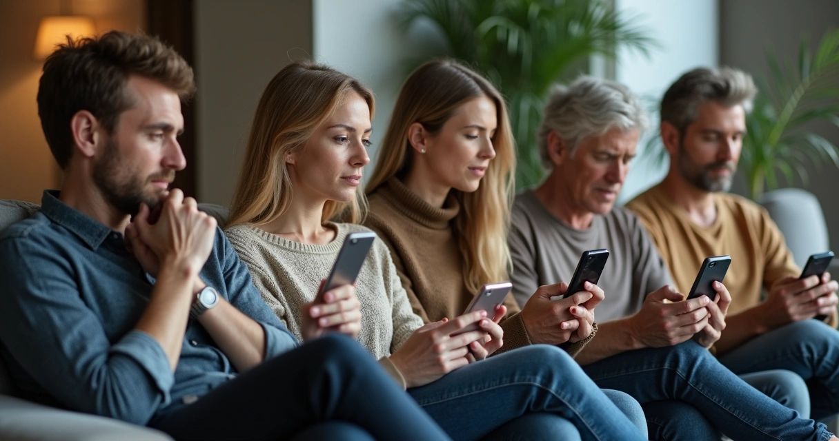 Grupo de pessoas olhando celulares e discutindo sobre redes sociais