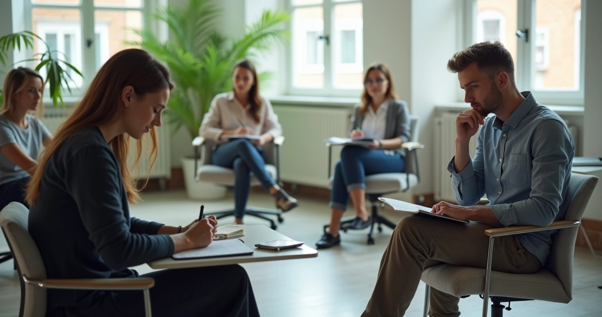 Profissionais em momento de reflexão no ambiente de trabalho