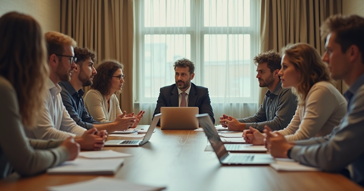 Grupo de pessoas sentadas ao redor de uma mesa em reunião