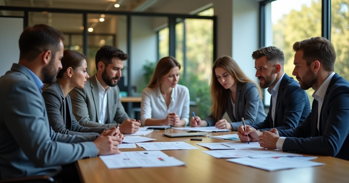 Pessoas sentadas em volta de uma mesa de reunião observando gráficos e relatórios 