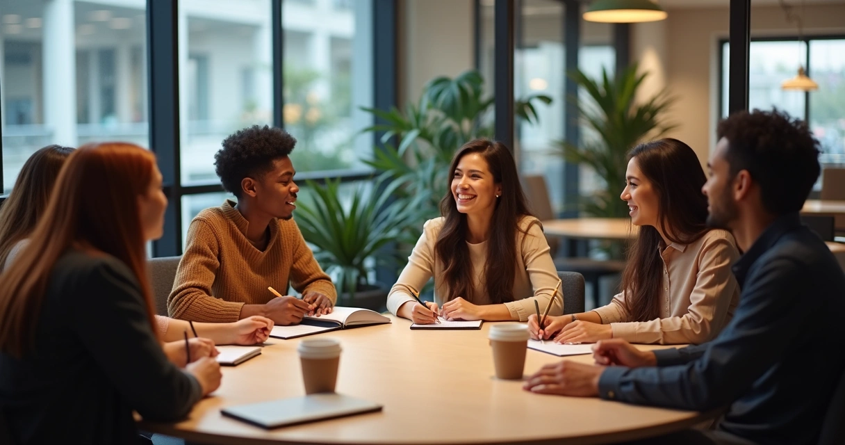 Equipe reunida em sala corporativa, pessoas de diferentes idades e gêneros interagindo em uma mesa redonda 