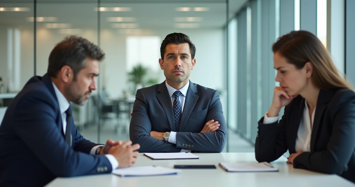 Três pessoas sentadas em uma sala de reunião, tensão visível, uma delas com braços cruzados.