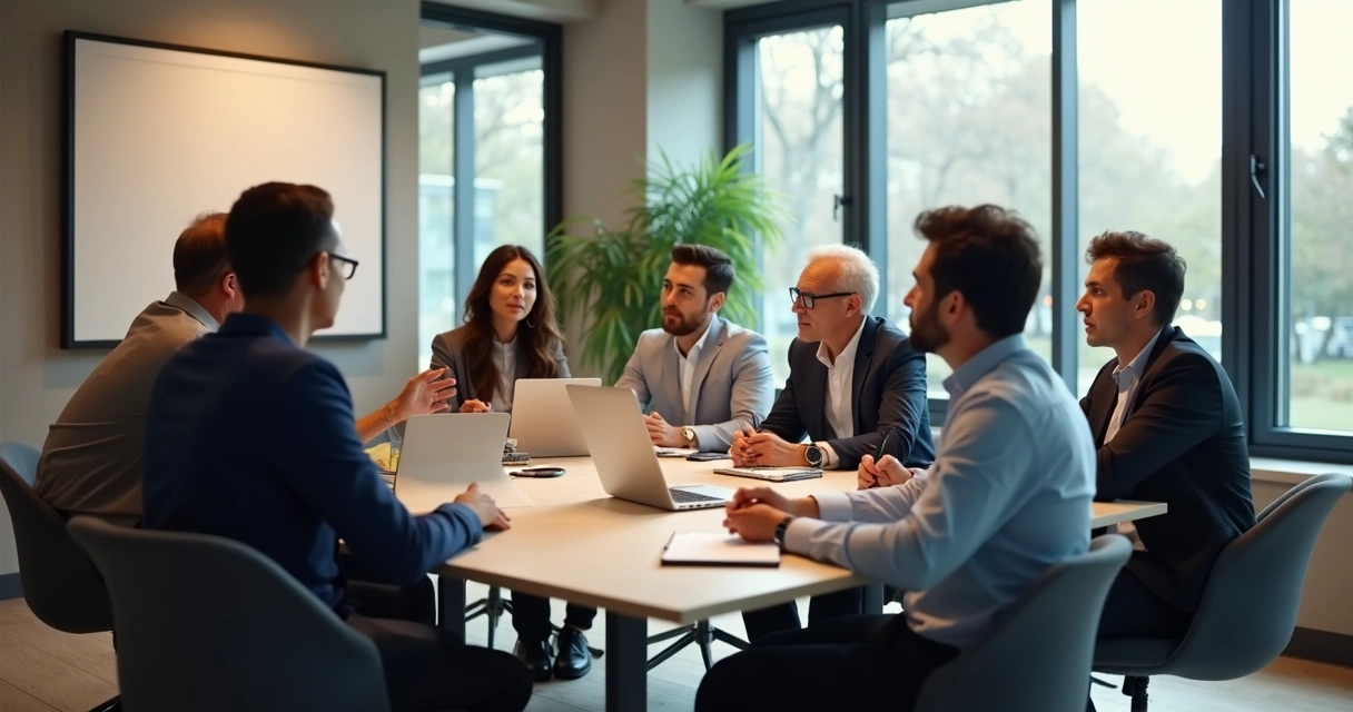 Colegas conversando ao redor de uma mesa de reunião, com expressões atentas e sorridentes. 