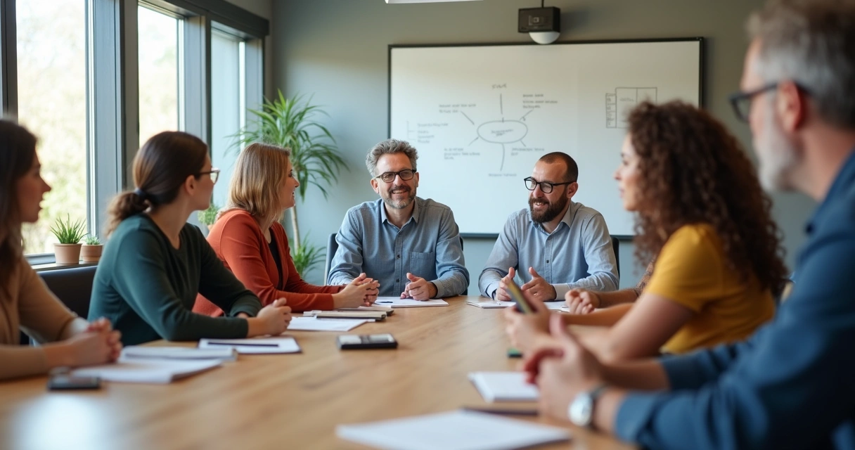 Grupo de pessoas em reunião tomando decisões coletivas 