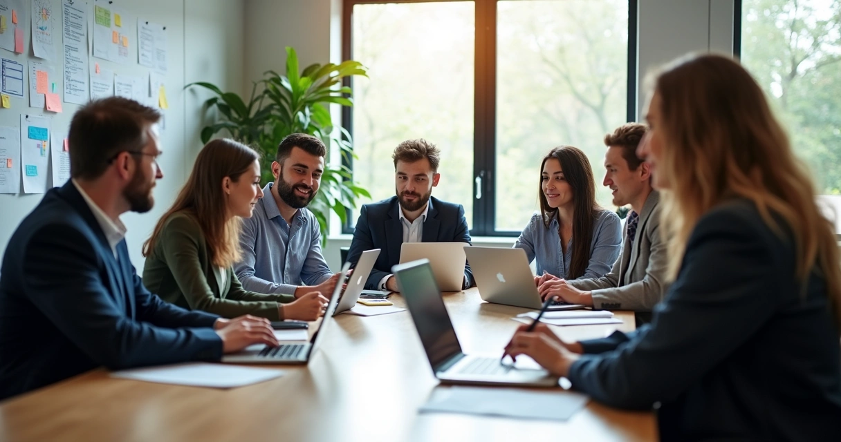 Reunião de equipe em empresa, pessoas discutindo em volta de mesa com papéis e laptop 