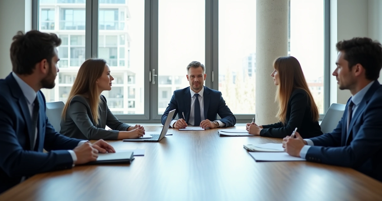 Grupo em reunião formal com mediador no centro da mesa 