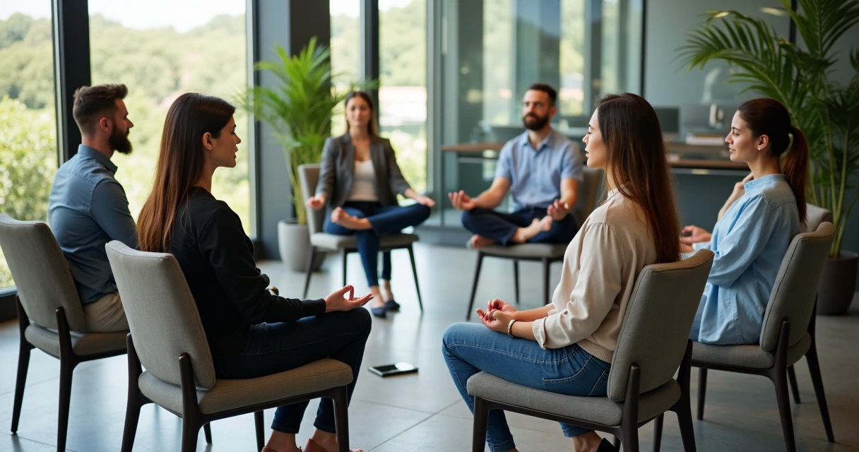 Grupo reunido em círculo meditando em ambiente de escritório 